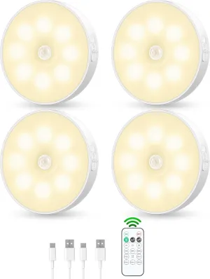 Motion Sensor Puck Light with Remote, Wireless Dimmable Under Cabinet Lighting, Rechargeable Magnetic Closet Night Light, 4-Pack, Neutral White