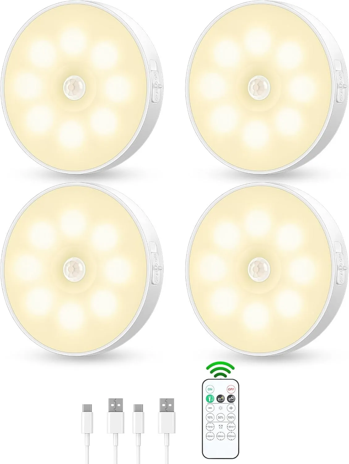 Motion Sensor Puck Light with Remote, Wireless Dimmable Under Cabinet Lighting, Rechargeable Magnetic Closet Night Light, 4-Pack, Neutral White