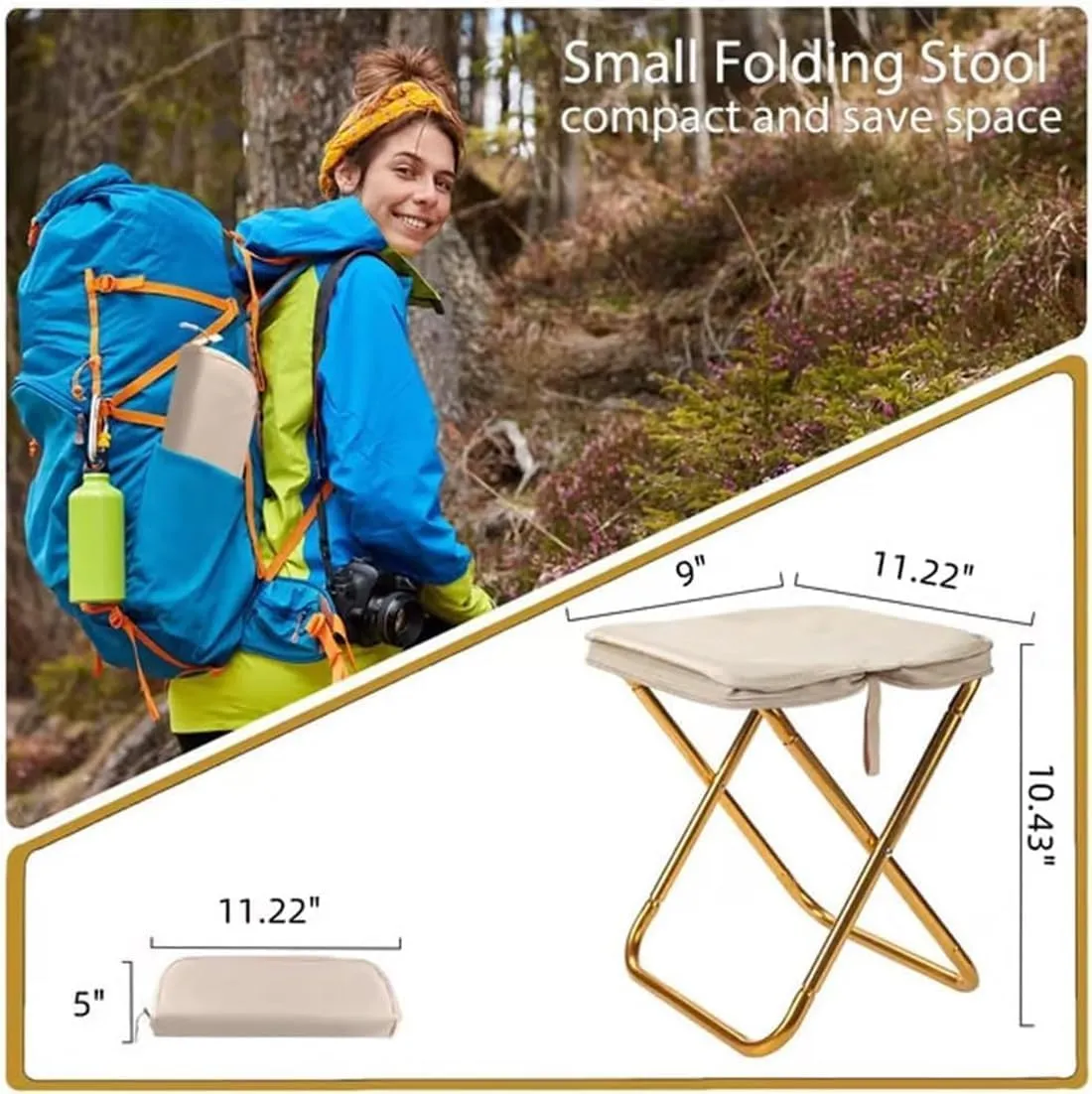 Mountaineering and Hiking Portable Stool, 2025 Upgraded Foldable Stool with Carry Bag, Aluminum Alloy Bracket, for Hiking, Beach, Camping, Gardening Travel BBQ with Whistle (Black)