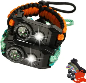 Multi-Function Survival Paracord Bracelet with SOS LED, Ignition, Compass, Whistle for Extreme Survival, Wilderness Adventure, Mountaineering - Set of 2, DIY Bracelet