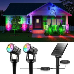 Multicolor Solar Landscape Spotlights Outdoor Metal Waterproof for Tree, Plant Pot, Wall, Flag, LED Flood Uplighting for Yard, House, Garden with 15.7ft Cable, Detached Panel, 5 Color Modes (2-in-1)