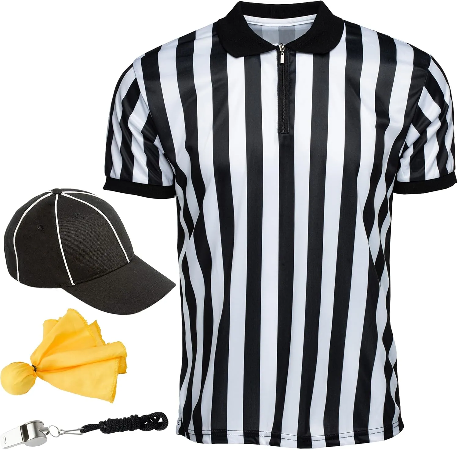 Murray Sporting Goods Men's Collared Referee Shirt 4-Piece Bundle - Referee Shirt, Hat, Flag, & Whistle Halloween Costume