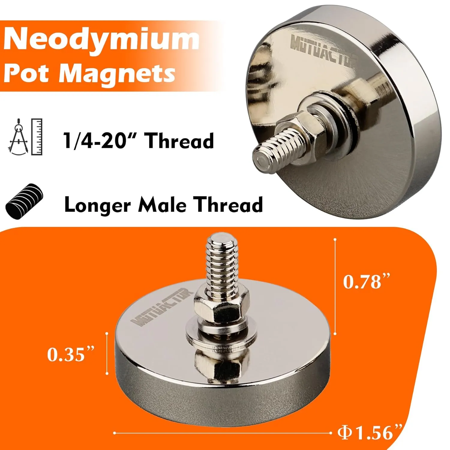 MUTUACTOR Heavy Duty Magnets,8PCS Super Strong Neodymium Rare Earth Magnets,150lbs Anti-Broken Magnetic Mount Round Magnets 1/4-20” Male Threaded for LED Lighting Camera Mount Tools Bracket