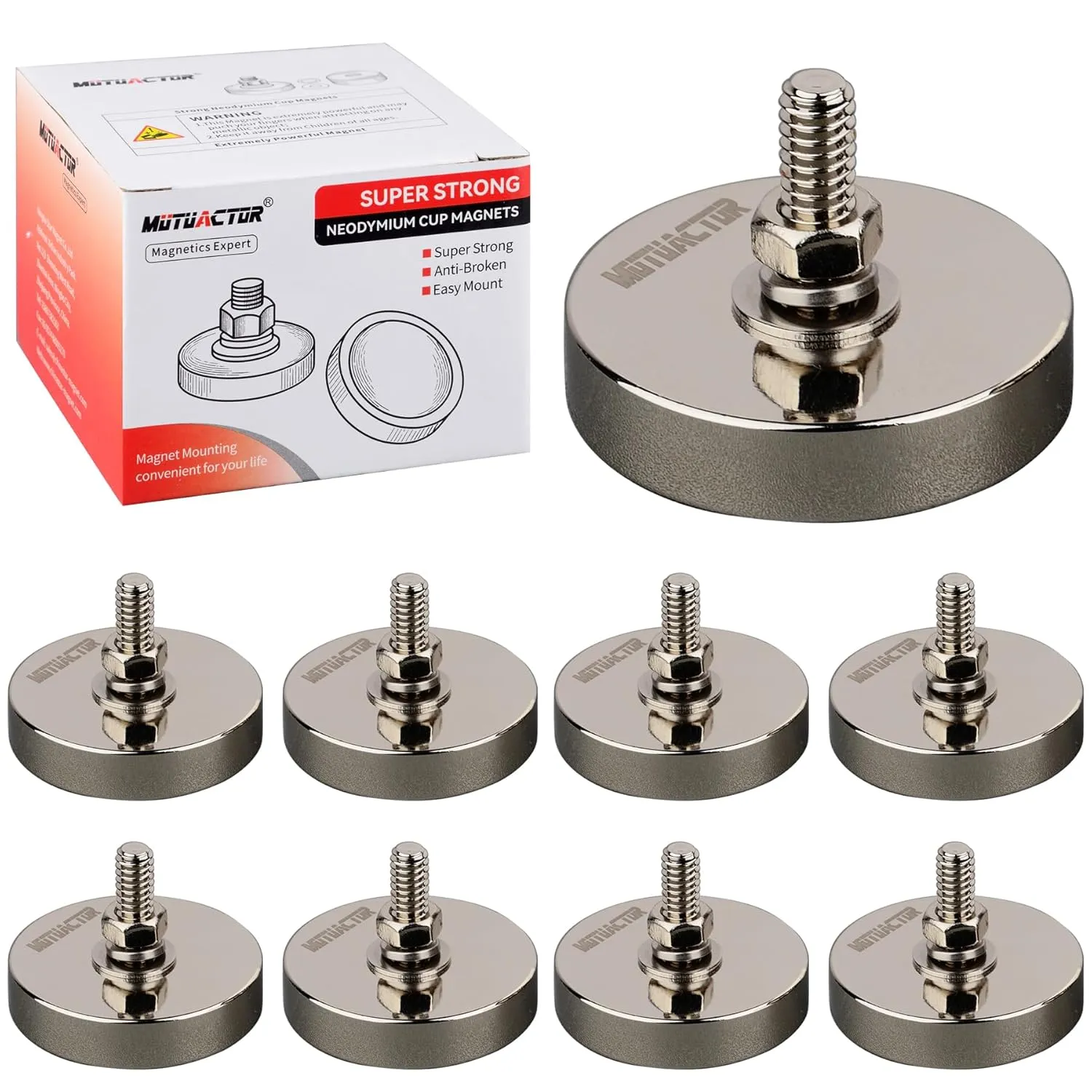 MUTUACTOR Heavy Duty Magnets,8PCS Super Strong Neodymium Rare Earth Magnets,150lbs Anti-Broken Magnetic Mount Round Magnets 1/4-20” Male Threaded for LED Lighting Camera Mount Tools Bracket