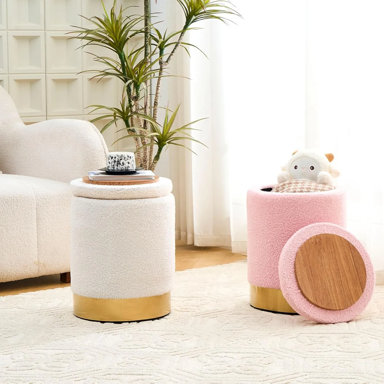 Mxfurhawa Teddy Velvet Storage Ottoman Multipurpose Footrest Stool with Metal Base Modern Round Vanity Stool Chair Ottoman Foot Stools Support 300lbs Padded Seat for Living Room & Bedroom (White)