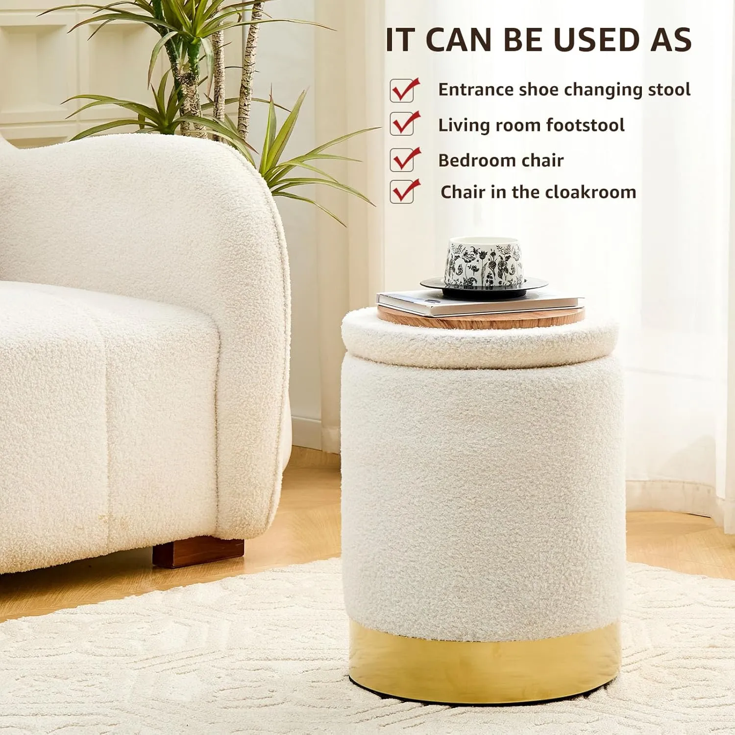 Mxfurhawa Teddy Velvet Storage Ottoman Multipurpose Footrest Stool with Metal Base Modern Round Vanity Stool Chair Ottoman Foot Stools Support 300lbs Padded Seat for Living Room & Bedroom (White)