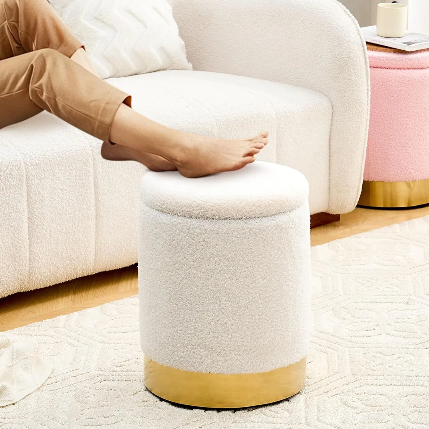 Mxfurhawa Teddy Velvet Storage Ottoman Multipurpose Footrest Stool with Metal Base Modern Round Vanity Stool Chair Ottoman Foot Stools Support 300lbs Padded Seat for Living Room & Bedroom (White)