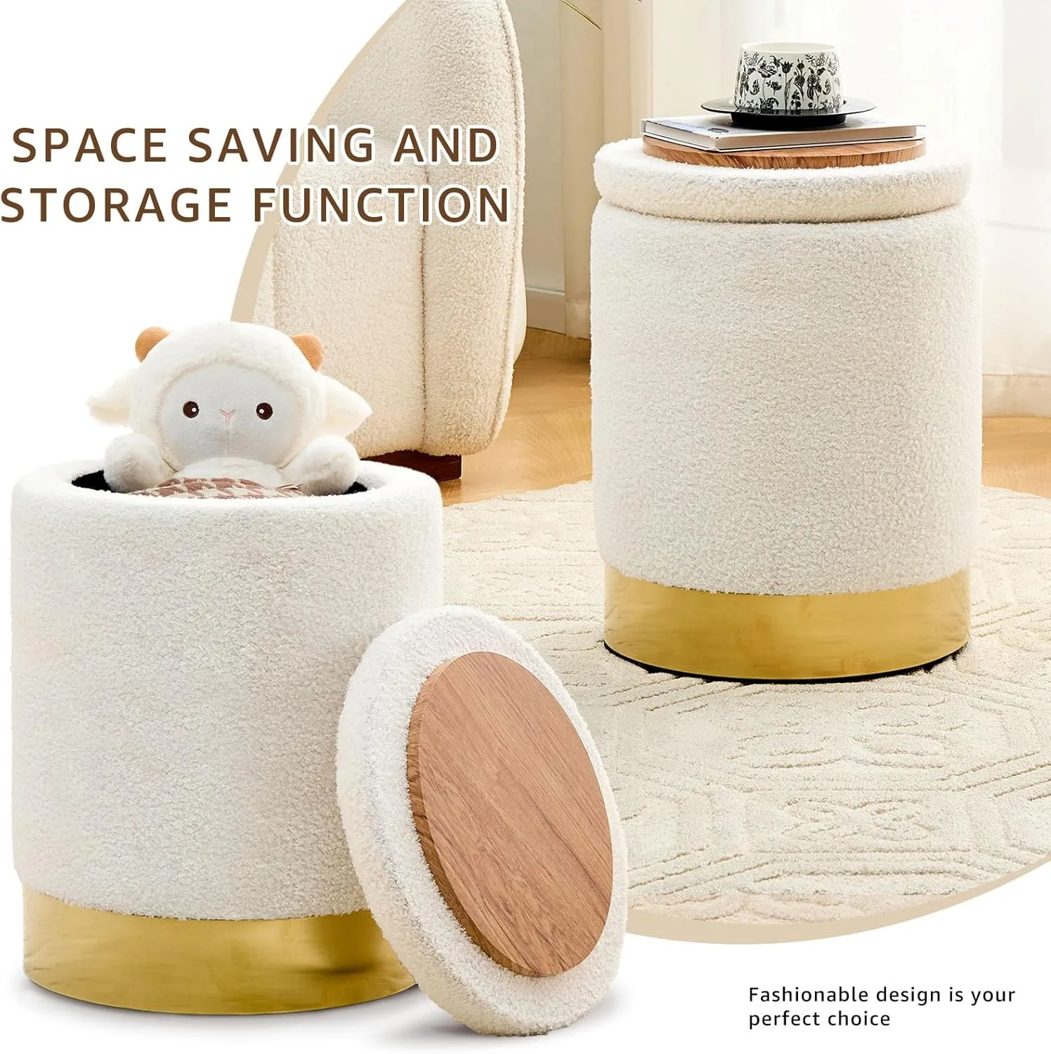 Mxfurhawa Teddy Velvet Storage Ottoman Multipurpose Footrest Stool with Metal Base Modern Round Vanity Stool Chair Ottoman Foot Stools Support 300lbs Padded Seat for Living Room & Bedroom (White)
