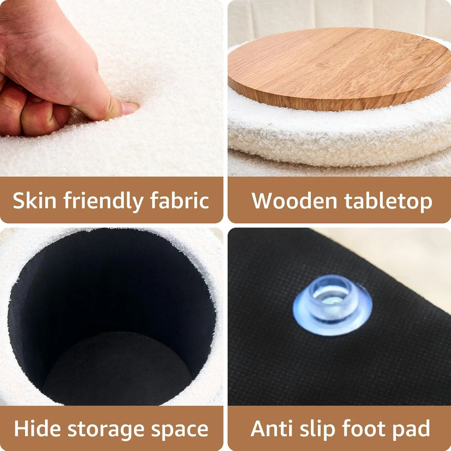Mxfurhawa Teddy Velvet Storage Ottoman Multipurpose Footrest Stool with Metal Base Modern Round Vanity Stool Chair Ottoman Foot Stools Support 300lbs Padded Seat for Living Room & Bedroom (White)