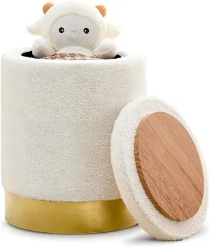 Mxfurhawa Teddy Velvet Storage Ottoman Multipurpose Footrest Stool with Metal Base Modern Round Vanity Stool Chair Ottoman Foot Stools Support 300lbs Padded Seat for Living Room & Bedroom (White)
