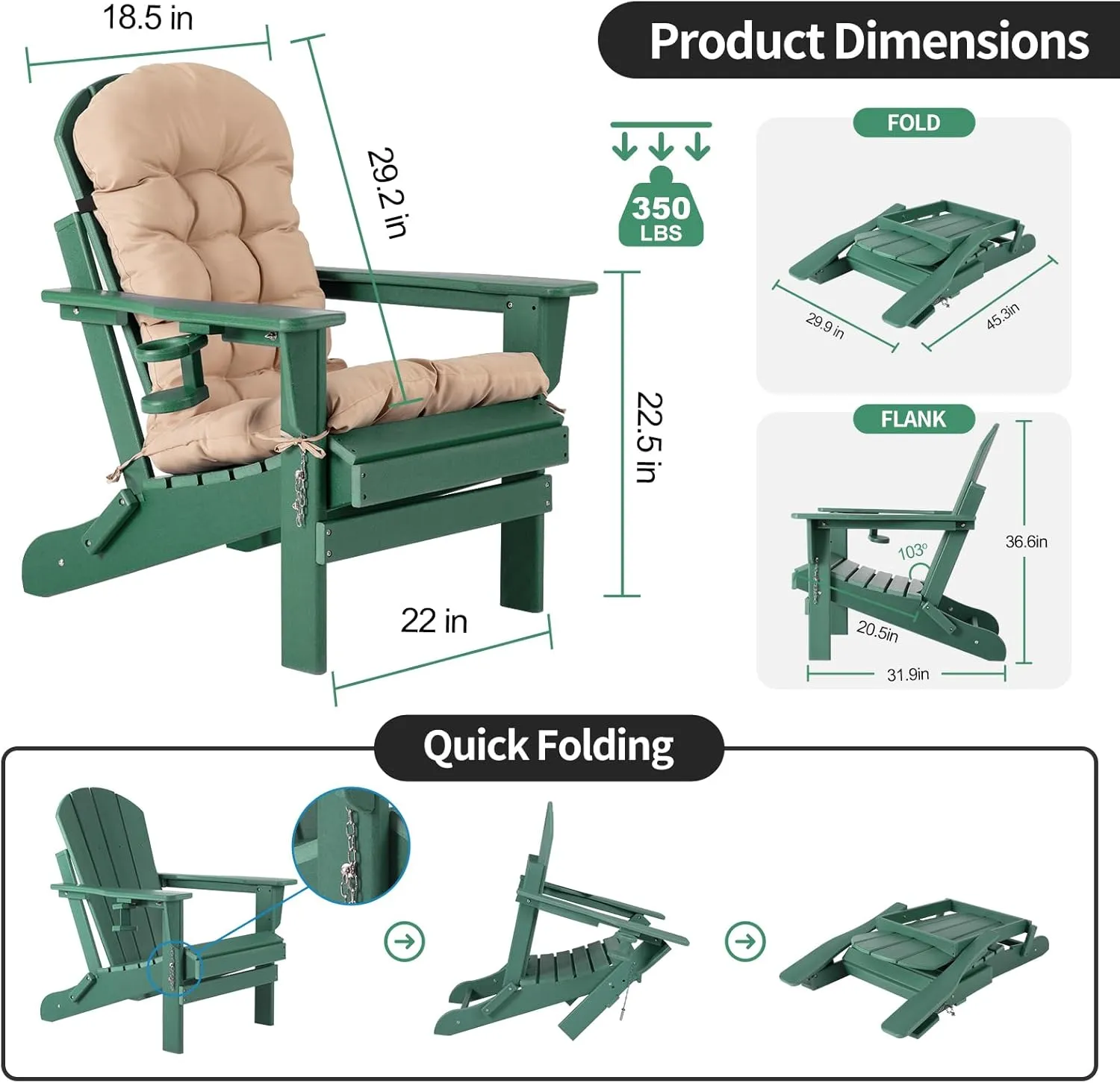 nalone Folding Adirondack Chair with Cushion with Cup Holder, HDPE Plastic Oversized Patio Chair Weather Resistant, Used in Outdoor, Fire Pit, Deck, Outside, Garden, Campfire Chairs (Green)