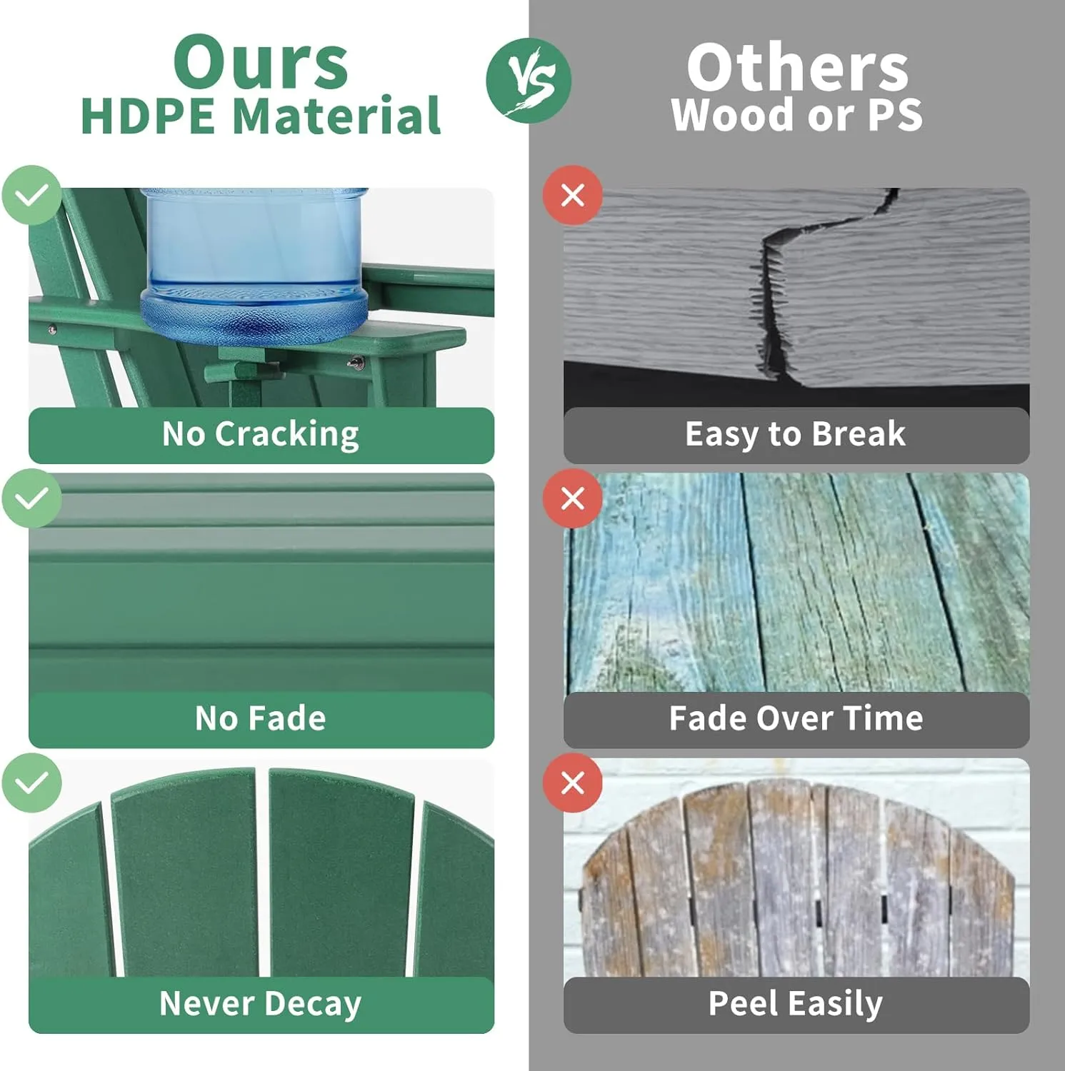 nalone Folding Adirondack Chair with Cushion with Cup Holder, HDPE Plastic Oversized Patio Chair Weather Resistant, Used in Outdoor, Fire Pit, Deck, Outside, Garden, Campfire Chairs (Green)