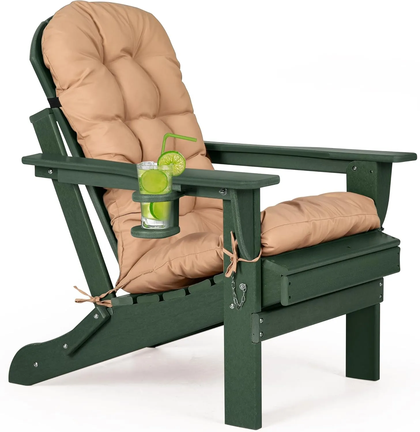 nalone Folding Adirondack Chair with Cushion with Cup Holder, HDPE Plastic Oversized Patio Chair Weather Resistant, Used in Outdoor, Fire Pit, Deck, Outside, Garden, Campfire Chairs (Green)