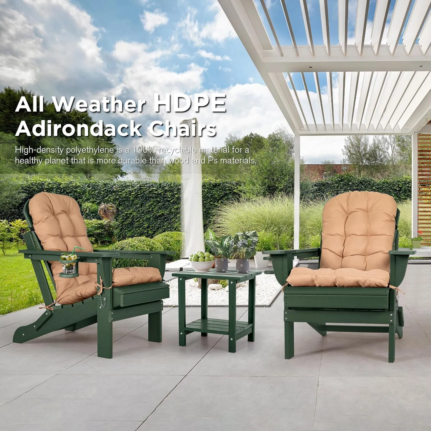 nalone Folding Adirondack Chair with Cushion with Cup Holder, HDPE Plastic Oversized Patio Chair Weather Resistant, Used in Outdoor, Fire Pit, Deck, Outside, Garden, Campfire Chairs (Green)