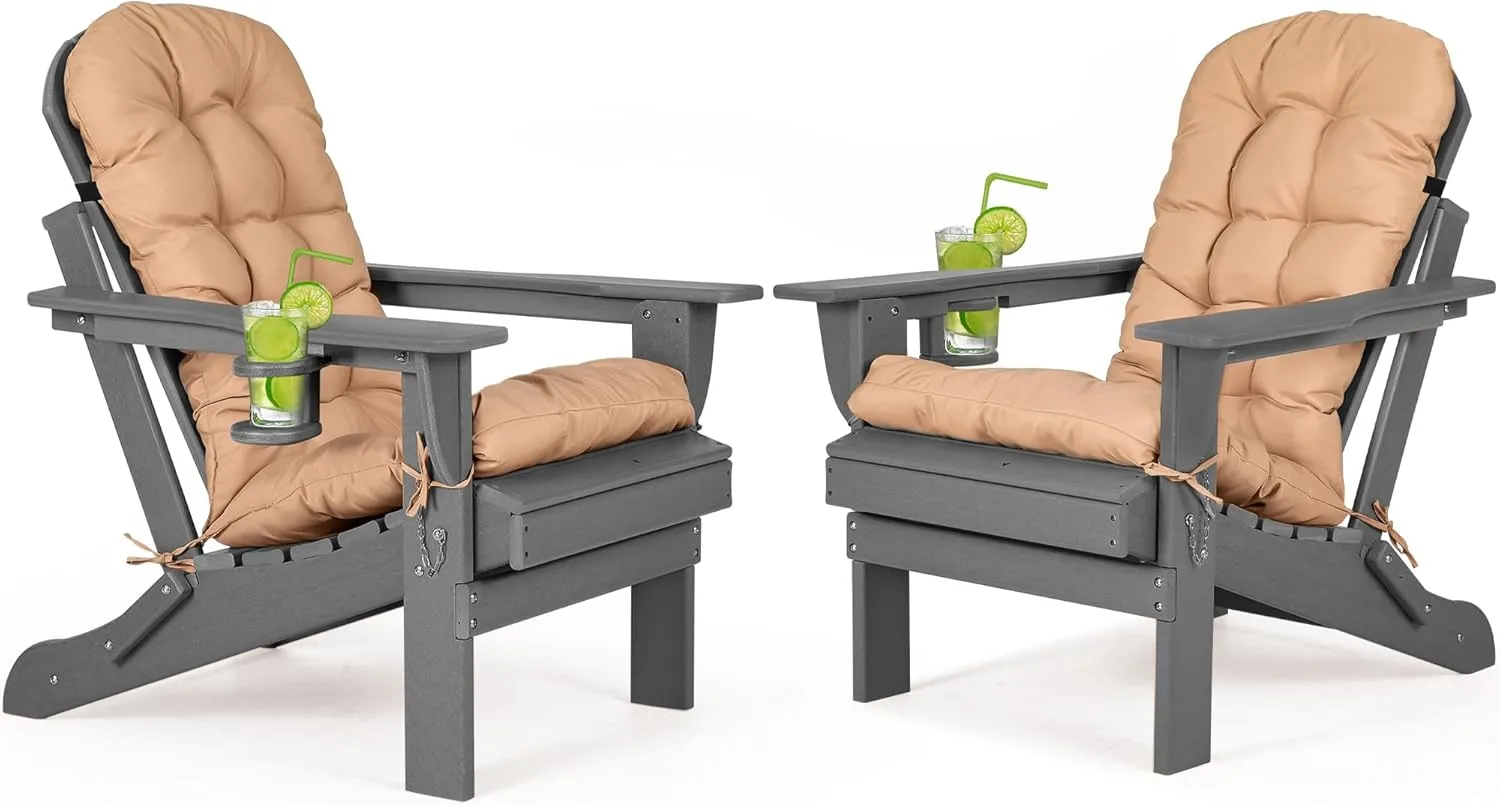 nalone Folding Adirondack Chairs Set of 2 with Cushion with Cup Holder, HDPE Plastic Oversized Patio Chair Weather Resistant, Used in Outdoor, Fire Pit, Deck, Garden, Campfire Chairs (Grey)