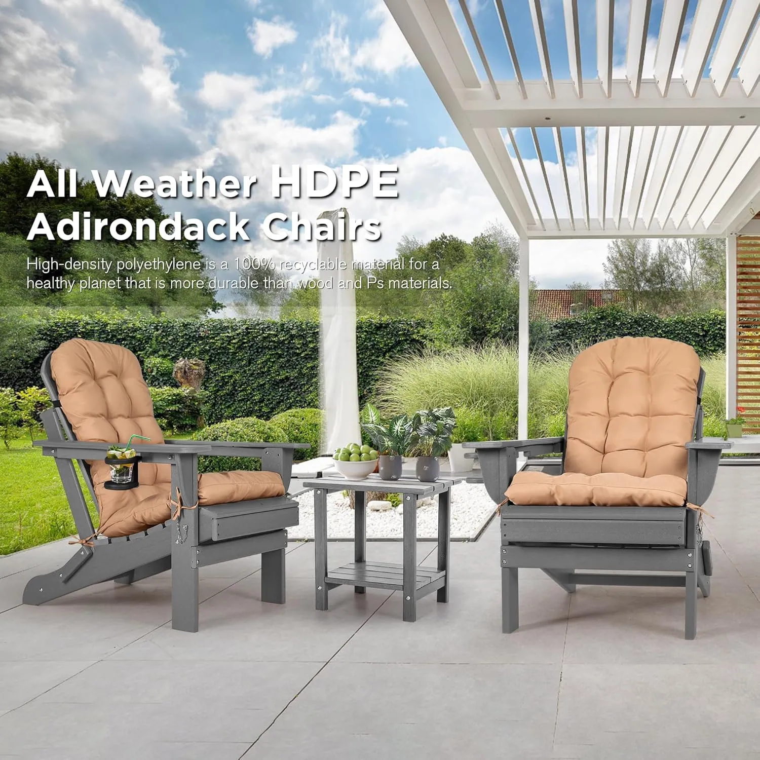 nalone Folding Adirondack Chairs Set of 2 with Cushion with Cup Holder, HDPE Plastic Oversized Patio Chair Weather Resistant, Used in Outdoor, Fire Pit, Deck, Garden, Campfire Chairs (Grey)