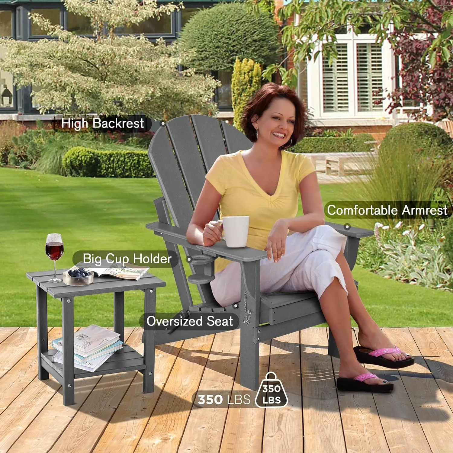 nalone Folding Adirondack Chairs Set of 2 with Cushion with Cup Holder, HDPE Plastic Oversized Patio Chair Weather Resistant, Used in Outdoor, Fire Pit, Deck, Garden, Campfire Chairs (Grey)