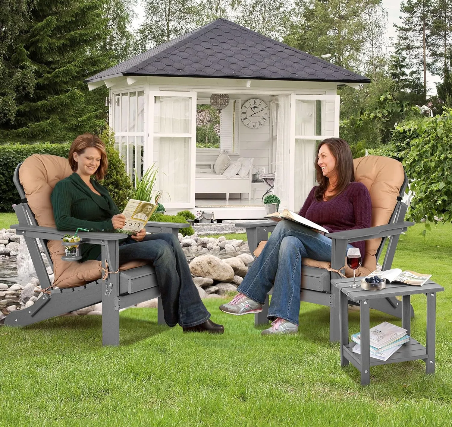 nalone Folding Adirondack Chairs Set of 2 with Cushion with Cup Holder, HDPE Plastic Oversized Patio Chair Weather Resistant, Used in Outdoor, Fire Pit, Deck, Garden, Campfire Chairs (Grey)