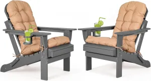 nalone Folding Adirondack Chairs Set of 2 with Cushion with Cup Holder, HDPE Plastic Oversized Patio Chair Weather Resistant, Used in Outdoor, Fire Pit, Deck, Garden, Campfire Chairs (Grey)
