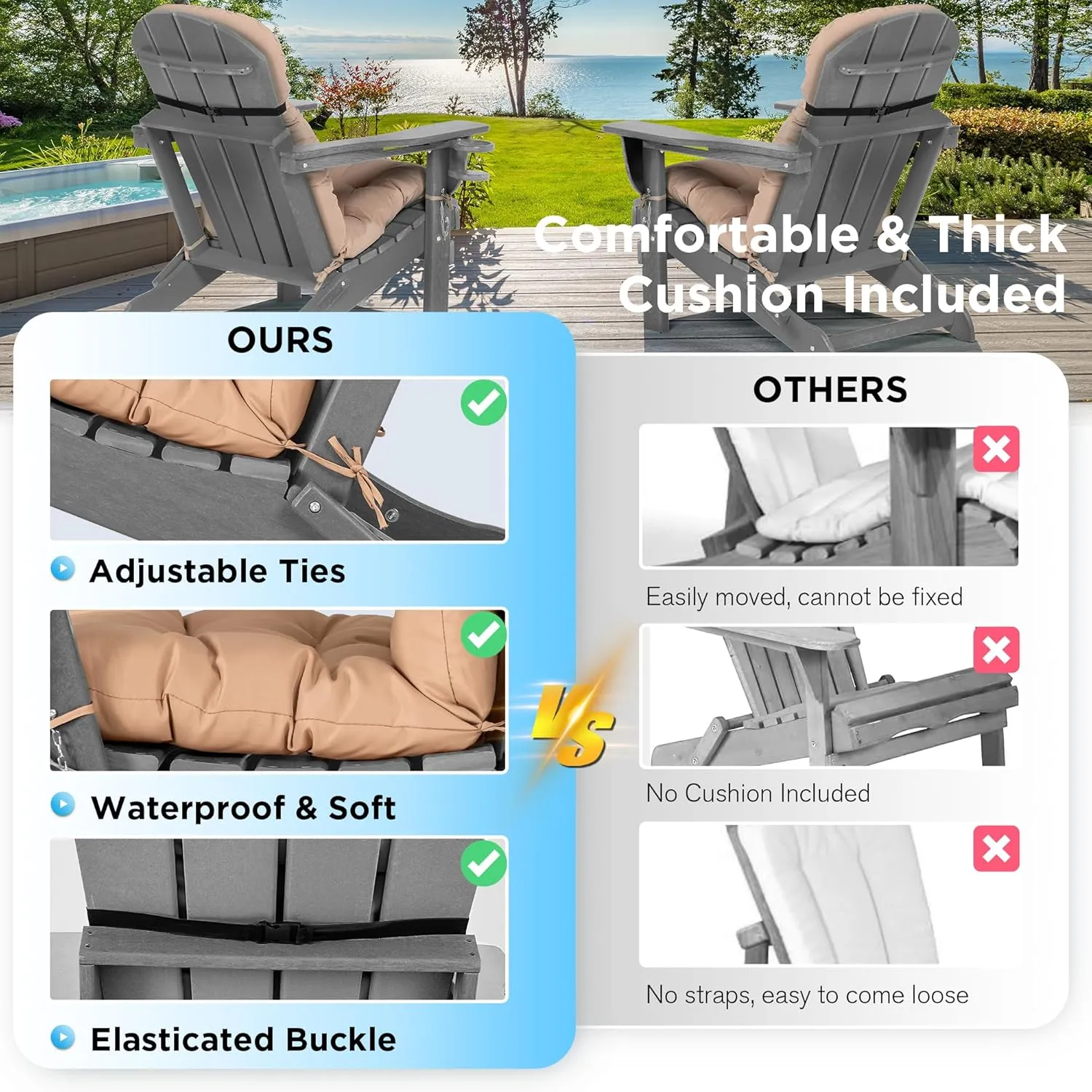 nalone Folding Adirondack Chairs Set of 2 with Cushion with Cup Holder, HDPE Plastic Oversized Patio Chair Weather Resistant, Used in Outdoor, Fire Pit, Deck, Garden, Campfire Chairs (Grey)