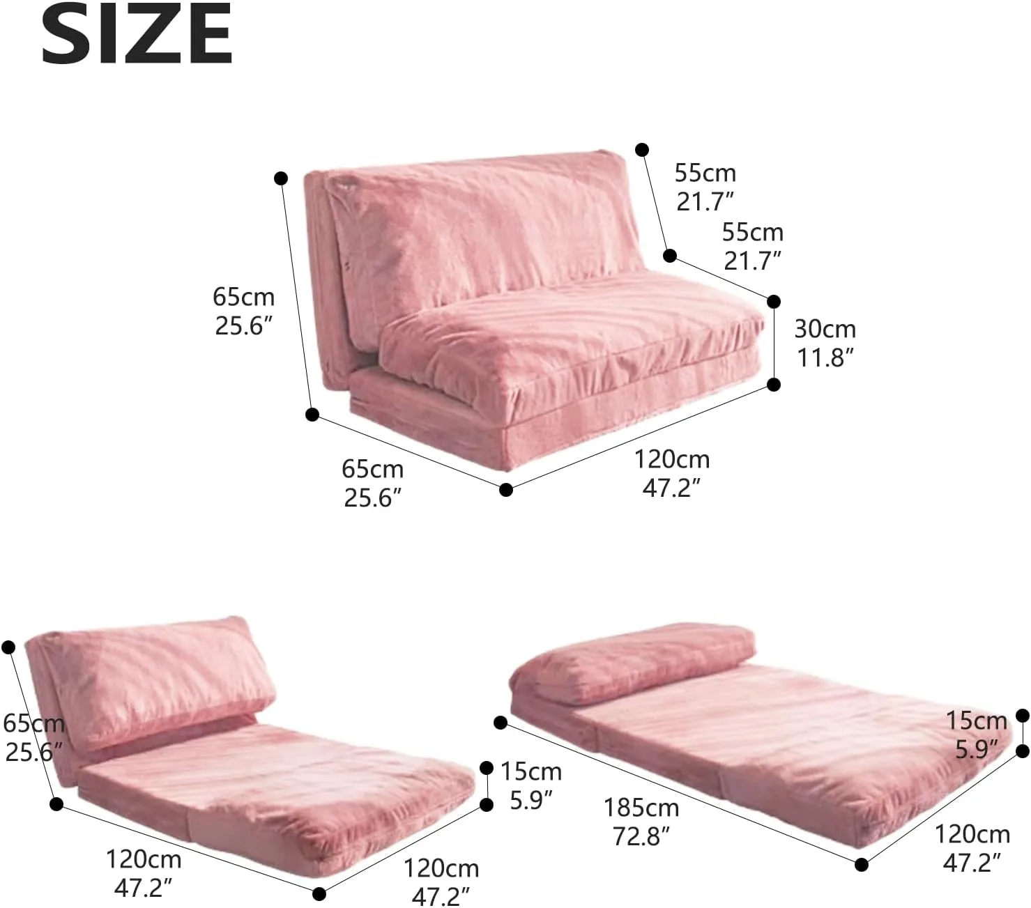 N&V Folding Matress Sofa Bean Bag Bed, Foam Filling Folding Matress Sofa, Includes Removable and Machine Washable Cover, Soft Premium Faux Fur (Medium, Pink)