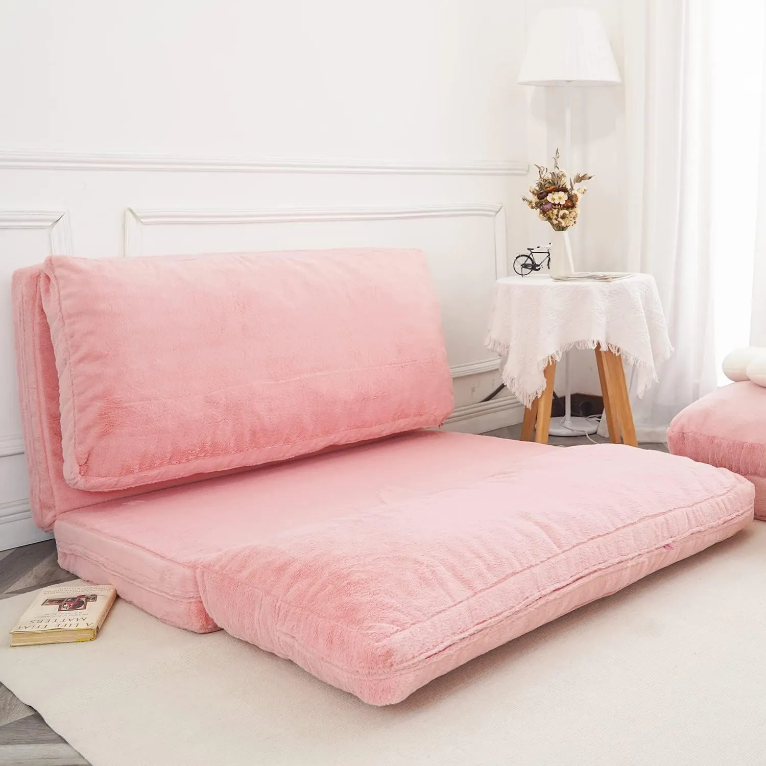 N&V Folding Matress Sofa Bean Bag Bed, Foam Filling Folding Matress Sofa, Includes Removable and Machine Washable Cover, Soft Premium Faux Fur (Medium, Pink)