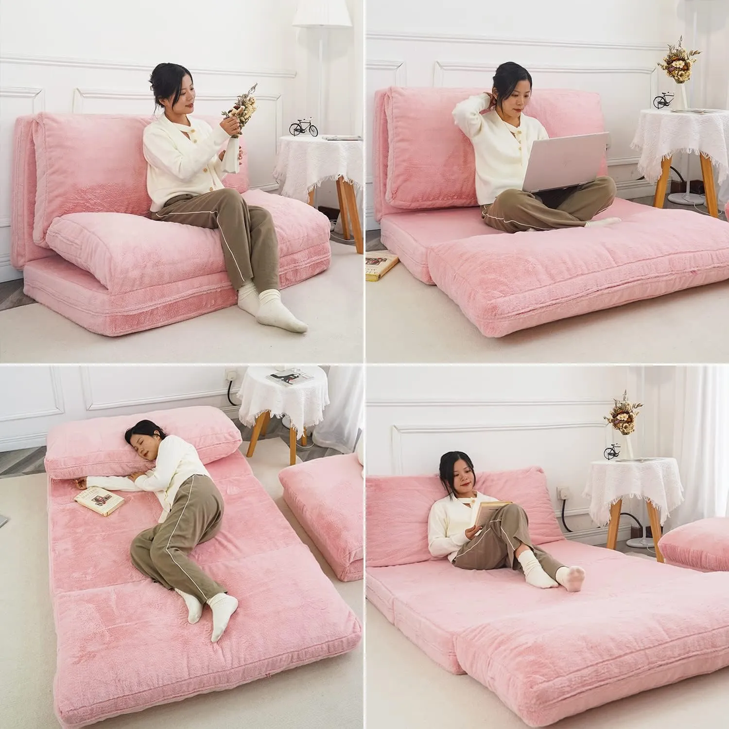 N&V Folding Matress Sofa Bean Bag Bed, Foam Filling Folding Matress Sofa, Includes Removable and Machine Washable Cover, Soft Premium Faux Fur (Medium, Pink)