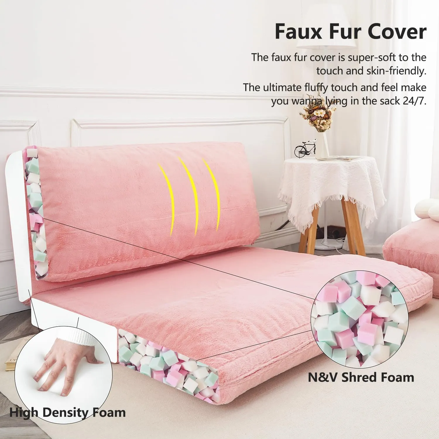 N&V Folding Matress Sofa Bean Bag Bed, Foam Filling Folding Matress Sofa, Includes Removable and Machine Washable Cover, Soft Premium Faux Fur (Medium, Pink)