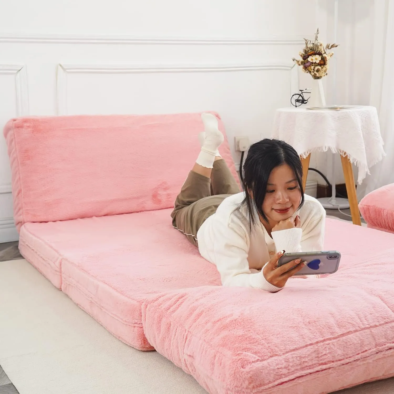 N&V Folding Matress Sofa Bean Bag Bed, Foam Filling Folding Matress Sofa, Includes Removable and Machine Washable Cover, Soft Premium Faux Fur (Medium, Pink)