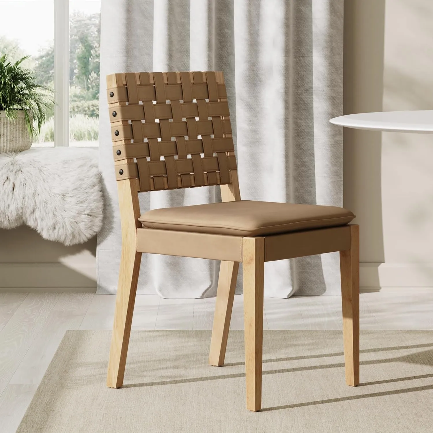 Nathan James Cohen Wood Dining Chair, Mid-Century Modern Upholstered Side Chair with Hand Woven Faux Leather Backrest, 20"D x 18"W x 33"H, Natural Brown