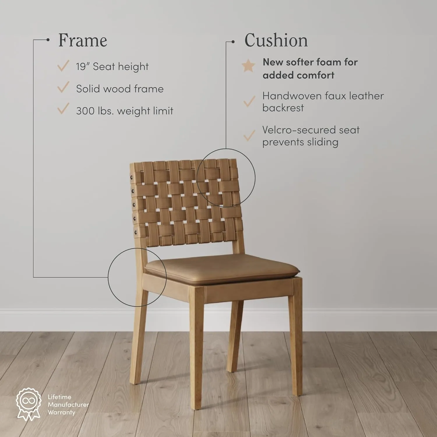 Nathan James Cohen Wood Dining Chair, Mid-Century Modern Upholstered Side Chair with Hand Woven Faux Leather Backrest, 20"D x 18"W x 33"H, Natural Brown