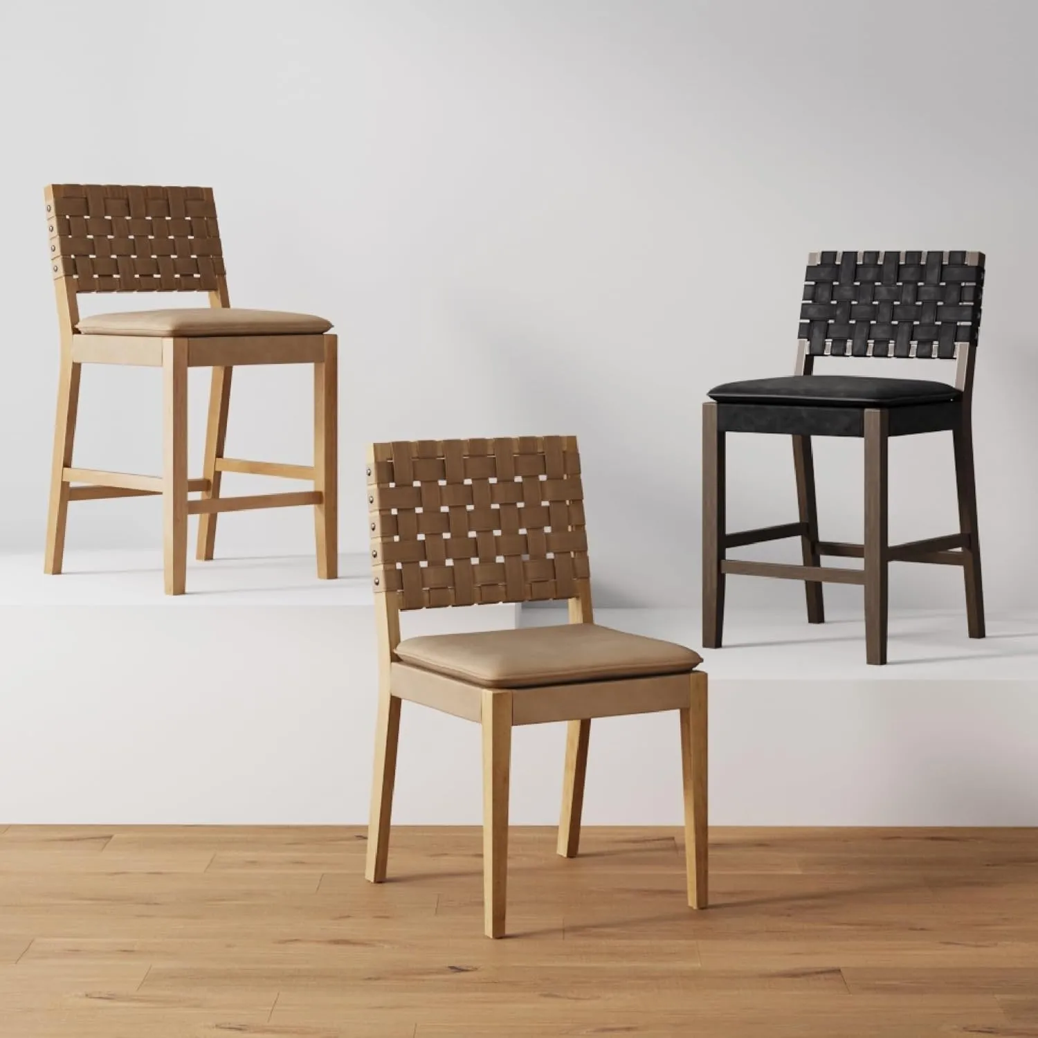 Nathan James Cohen Wood Dining Chair, Mid-Century Modern Upholstered Side Chair with Hand Woven Faux Leather Backrest, 20"D x 18"W x 33"H, Natural Brown