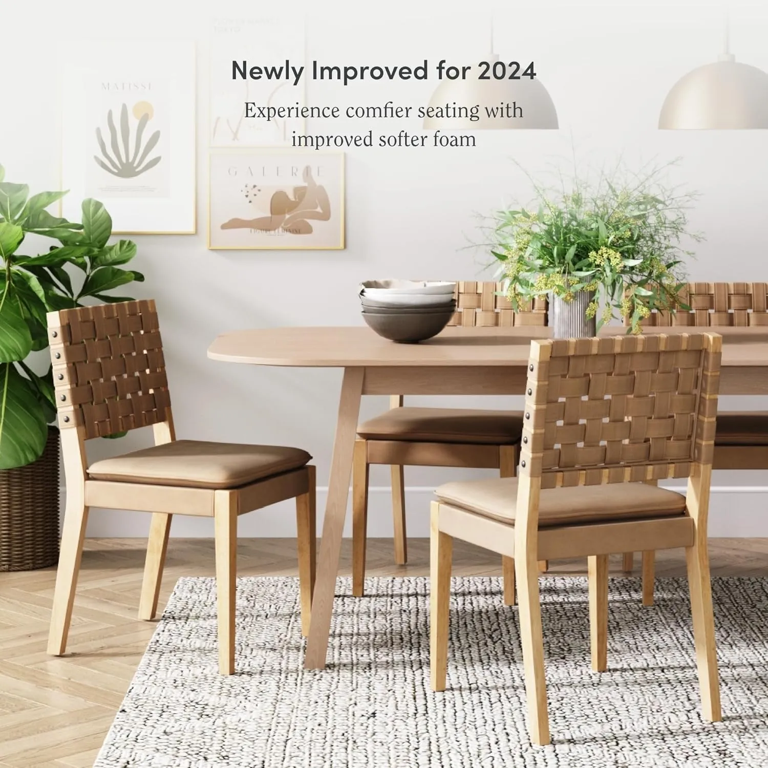 Nathan James Cohen Wood Dining Chair, Mid-Century Modern Upholstered Side Chair with Hand Woven Faux Leather Backrest, 20"D x 18"W x 33"H, Natural Brown