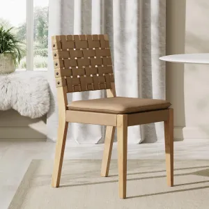 Nathan James Cohen Wood Dining Chair, Mid-Century Modern Upholstered Side Chair with Hand Woven Faux Leather Backrest, 20"D x 18"W x 33"H, Natural Brown