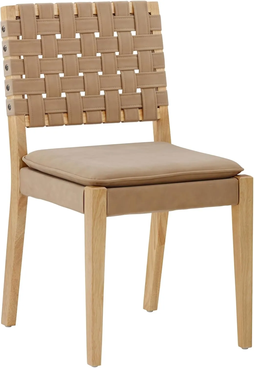 Nathan James Cohen Wood Dining Chair, Mid-Century Modern Upholstered Side Chair with Hand Woven Faux Leather Backrest, 20"D x 18"W x 33"H, Natural Brown