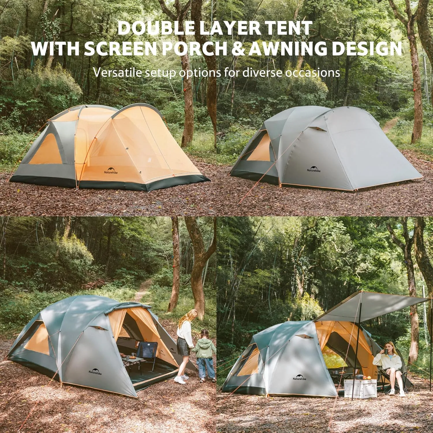 Naturehike KOTA 4/6/8 Person Camping Tent, Double Layer Waterproof 4 Person 6 Person 8 Person Tents for Camping, Large and Tall Family Tent with Vestibules Porch