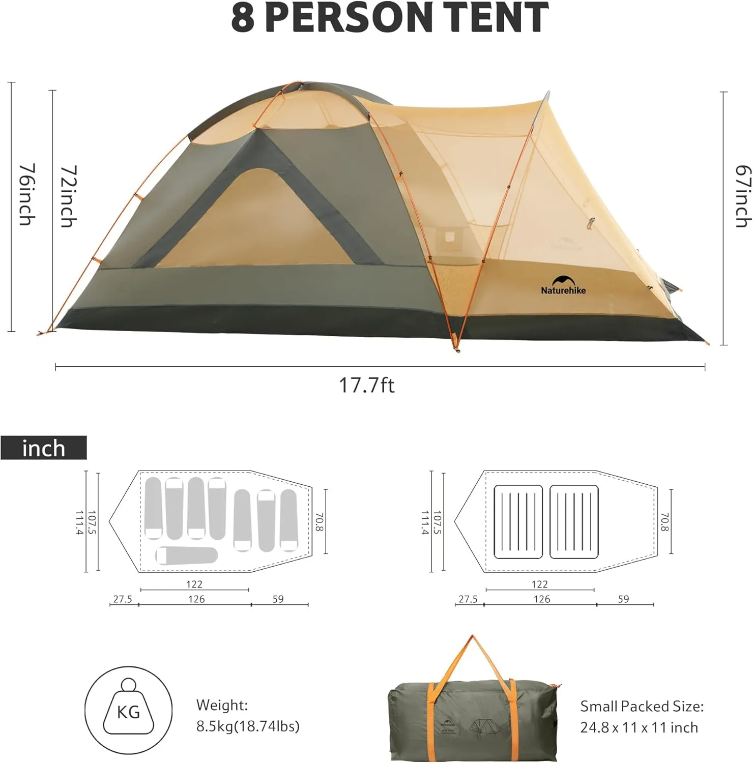 Naturehike KOTA 4/6/8 Person Camping Tent, Double Layer Waterproof 4 Person 6 Person 8 Person Tents for Camping, Large and Tall Family Tent with Vestibules Porch