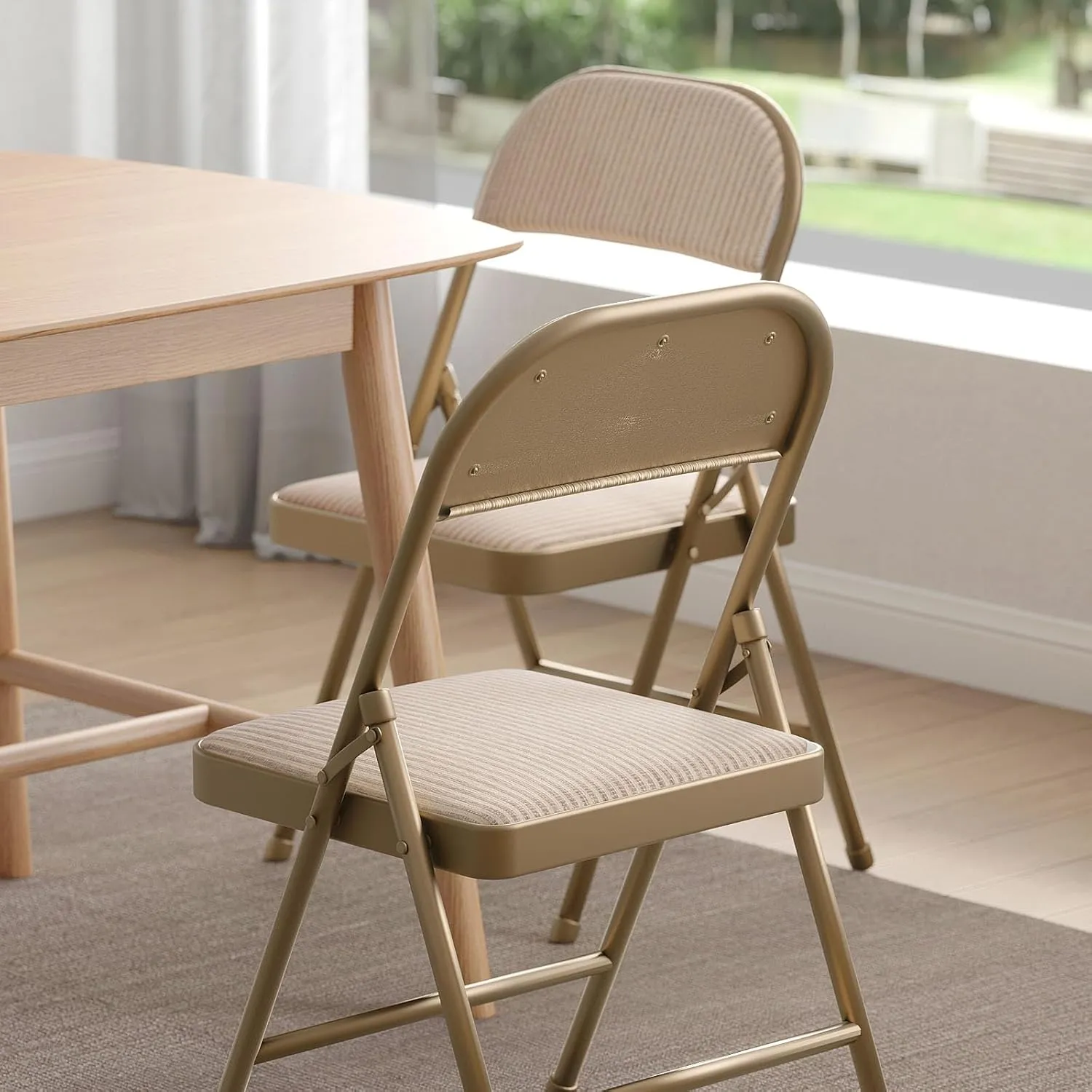 Nazhura 4 Pack Folding Chairs, Fabric Dining Chair Set with Padded Cushion and Back, Indoor Outdoo Seat for Home Office Events Wedding Party (Oatmeal Strip Fabric Seating)
