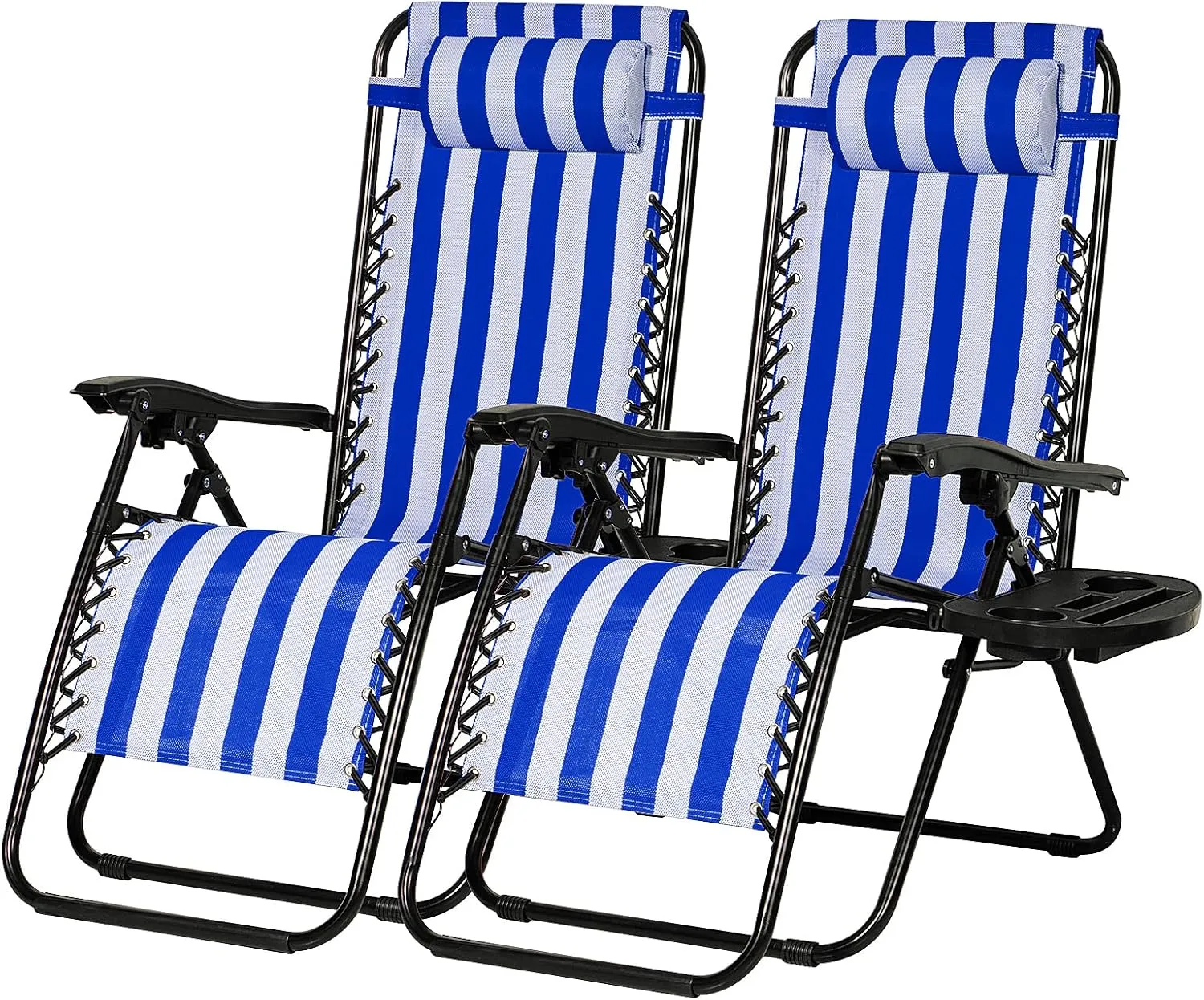 Nazhura Set of 2 Relaxing Recliners Patio Chairs Adjustable Steel Mesh Zero Gravity Lounge Chair Beach Chairs with Pillow and Cup Holder (Navy Blue Stripe)