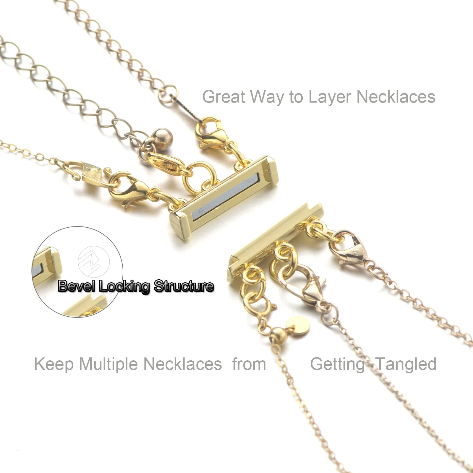 Necklace Layering Clasps Separator for Stackable Necklaces Chains, Necklace Clasps for Layered Look Without Getting Tangled 3 Strands (Gold Silver)