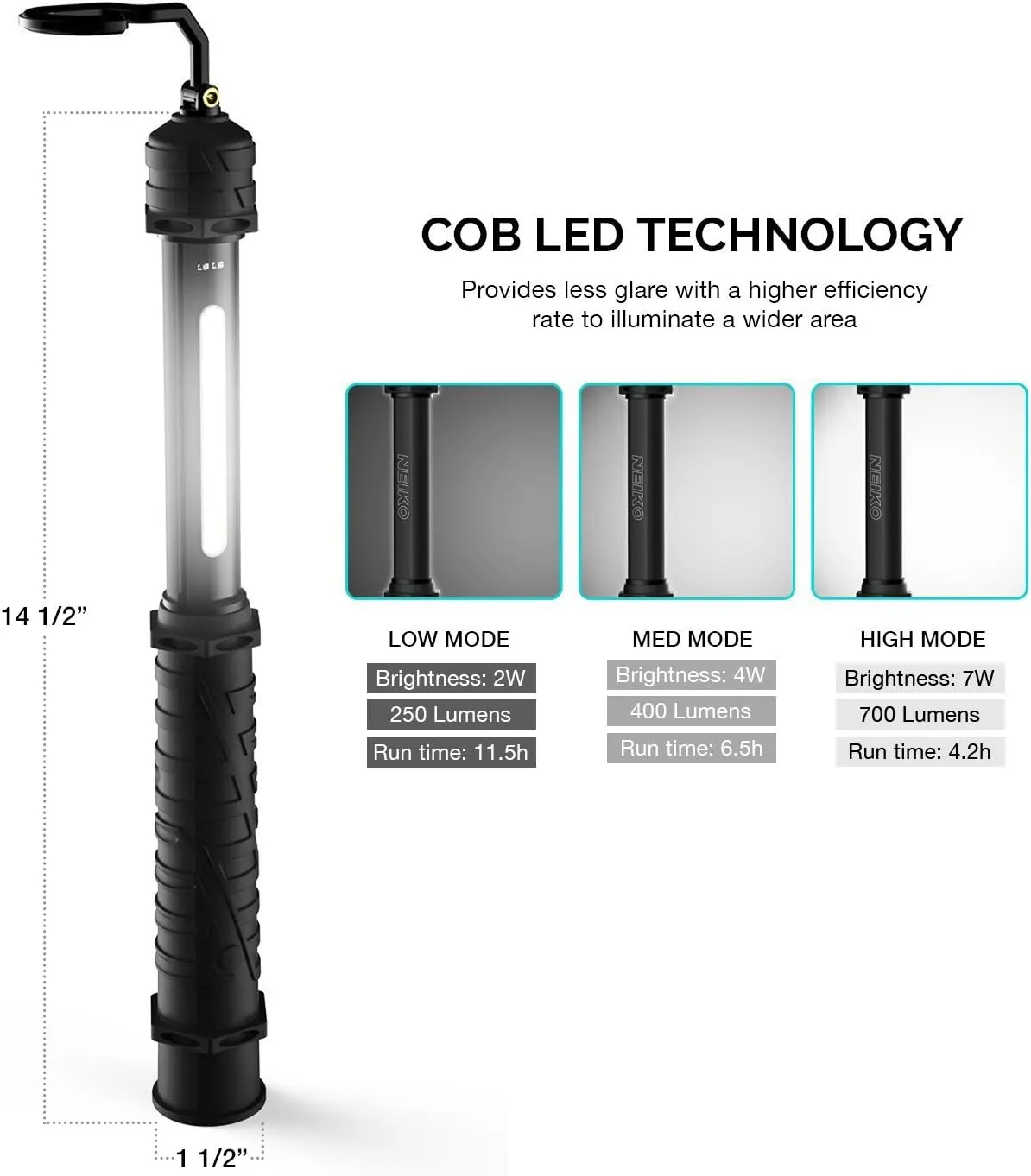 NEIKO 40339A Cordless COB LED Work Light with Rechargeable 4,400-mAh Li-ion Battery, Up to 11.5 Hours of Run Time, and Max Brightness of 1000 Lumens, Black