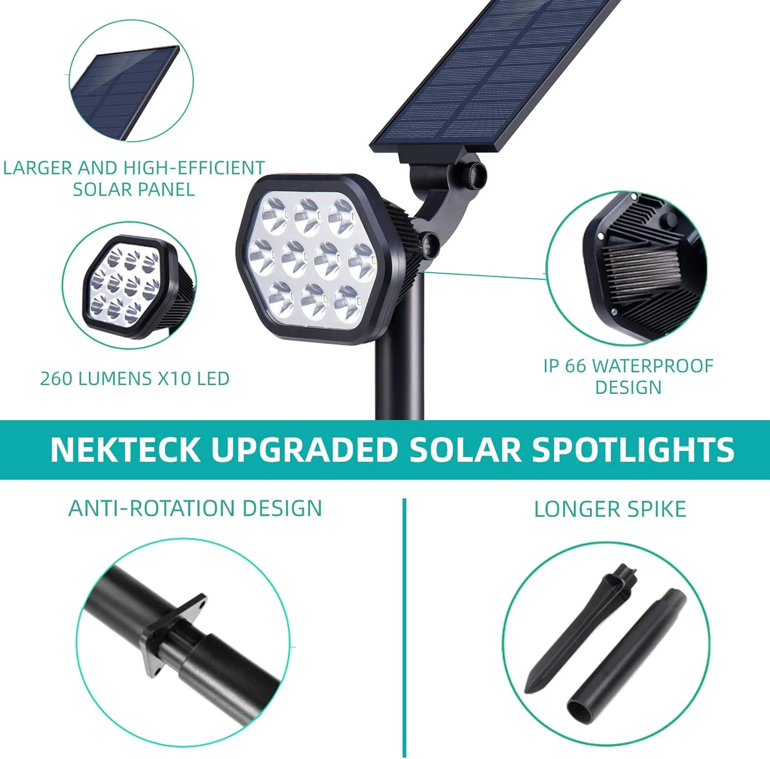Nekteck Solar Lights Outdoor,10 LED Landscape Spotlights Powered Wall Lights 2-in-1 Adjustable Security Decoration Lighting for Yard Garden Walkway Porch Pool Driveway (4Pack, Warm White)