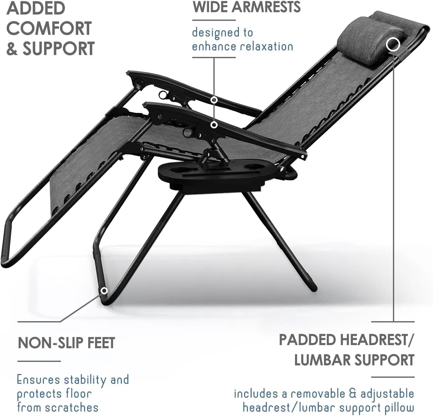 Nestl Zero Gravity Chairs, Portable Patio Lounge Chair Outdoor with Pillows & Cup Holder Trays, Adjustable Steel Mesh Reclining Camping Chair, Folding Patio Lawn Chair for Deck, Beach, Yard - Grey