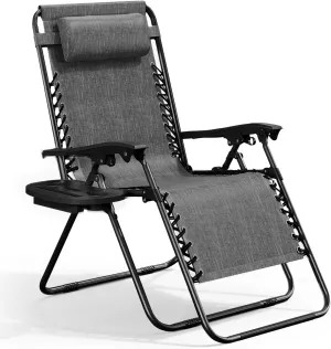 Nestl Zero Gravity Chairs, Portable Patio Lounge Chair Outdoor with Pillows & Cup Holder Trays, Adjustable Steel Mesh Reclining Camping Chair, Folding Patio Lawn Chair for Deck, Beach, Yard - Grey