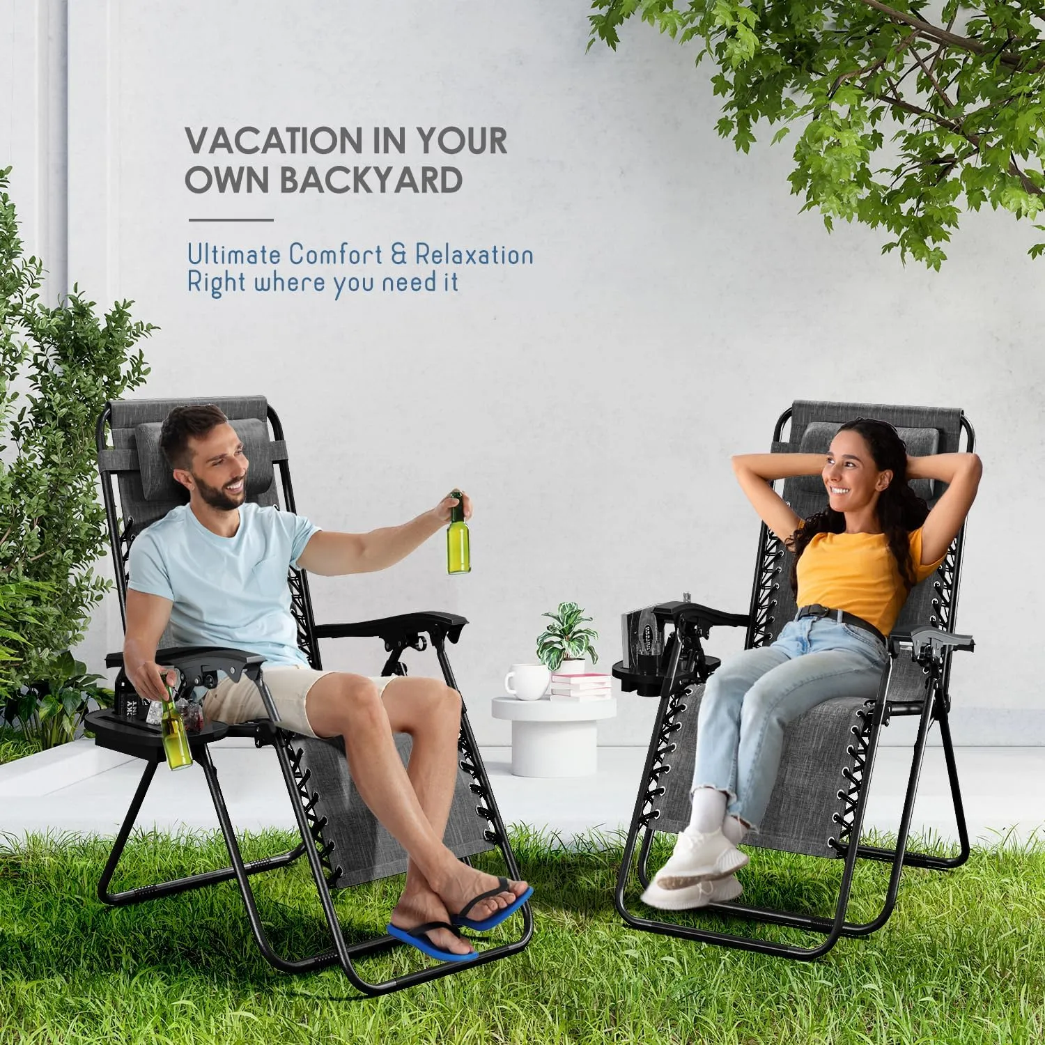 Nestl Zero Gravity Chairs, Portable Patio Lounge Chair Outdoor with Pillows & Cup Holder Trays, Adjustable Steel Mesh Reclining Camping Chair, Folding Patio Lawn Chair for Deck, Beach, Yard - Grey