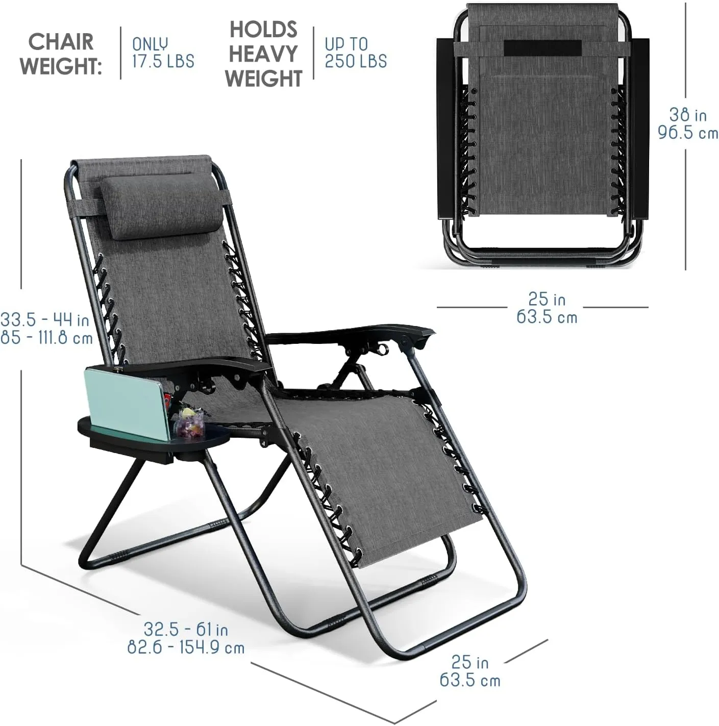 Nestl Zero Gravity Chairs, Portable Patio Lounge Chair Outdoor with Pillows & Cup Holder Trays, Adjustable Steel Mesh Reclining Camping Chair, Folding Patio Lawn Chair for Deck, Beach, Yard - Grey
