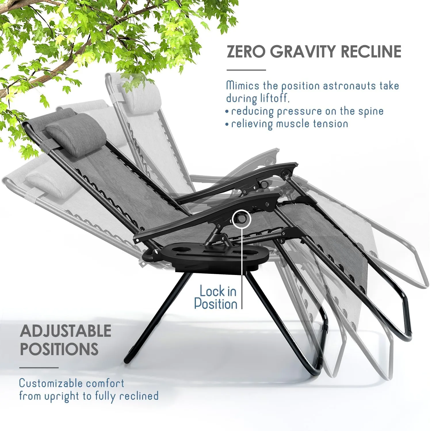 Nestl Zero Gravity Chairs, Portable Patio Lounge Chair Outdoor with Pillows & Cup Holder Trays, Adjustable Steel Mesh Reclining Camping Chair, Folding Patio Lawn Chair for Deck, Beach, Yard - Grey