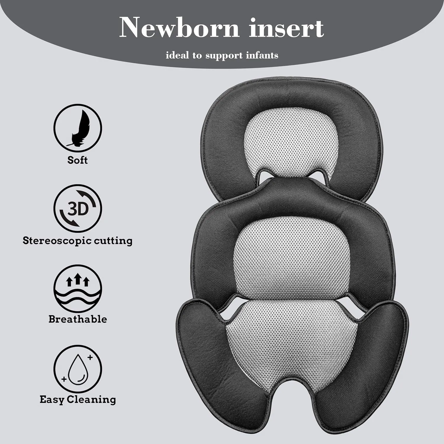 Newborn Baby Support Cushion Infant Insert 3D Mesh Breathable Liner Compatible with Stroller, Car seat, High Chair Etc (Black)