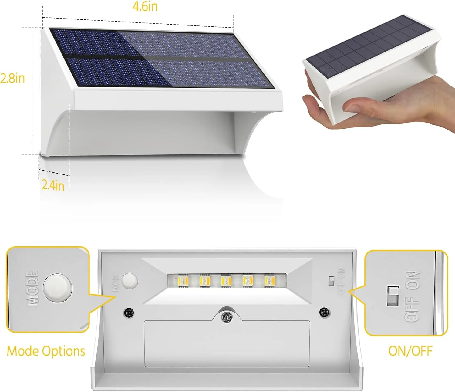 NIORSUN Outdoor Solar Lights for Fence,Solar Fence Light with Warm White/Cool White/RGB Mode,Bigger Size and Brighter 1500mAh,Fence Solar Lights for Fence,Deck Railing,Stair,Patio,Wall,White 6 Pack