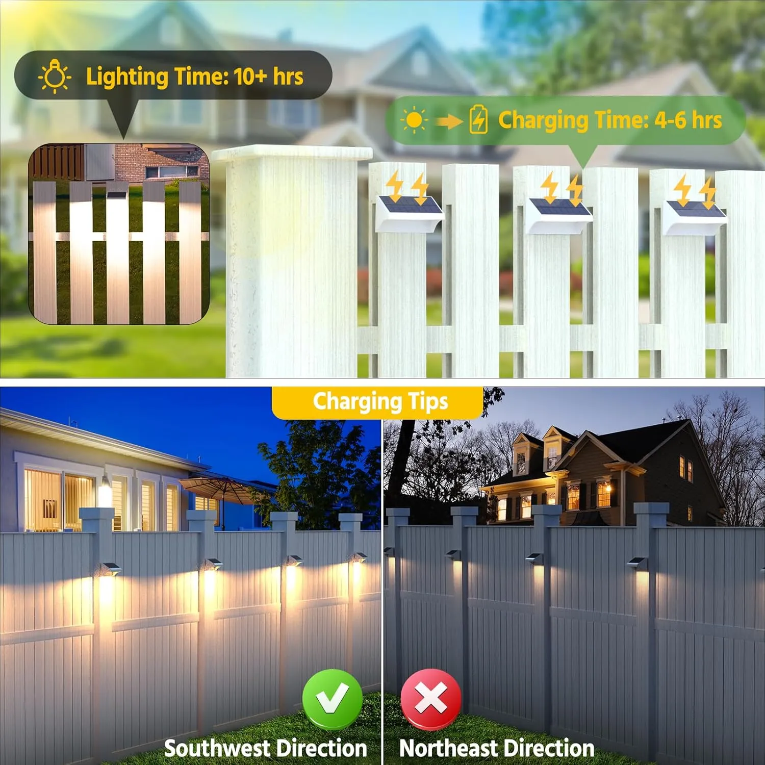 NIORSUN Outdoor Solar Lights for Fence,Solar Fence Light with Warm White/Cool White/RGB Mode,Bigger Size and Brighter 1500mAh,Fence Solar Lights for Fence,Deck Railing,Stair,Patio,Wall,White 6 Pack